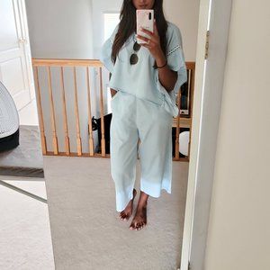 BCBGGeneration Set - Chambray Ruffle Boxy Top + Wide Leg Pants Blue Light Wash